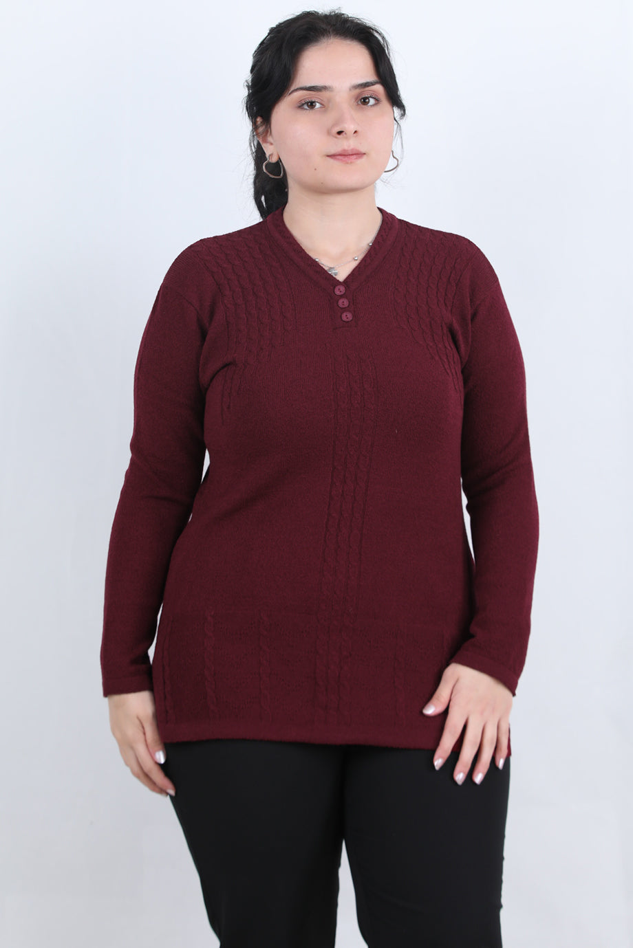 Curvyn Büyük Beden V Yaka 3 Düğmeli Bluz Bordo