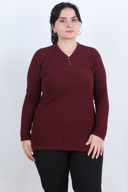Curvyn Büyük Beden V Yaka 3 Düğmeli Bluz Bordo