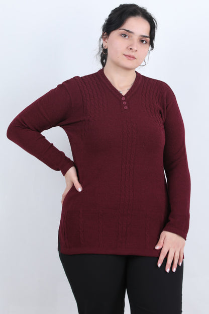 Curvyn Büyük Beden V Yaka 3 Düğmeli Bluz Bordo