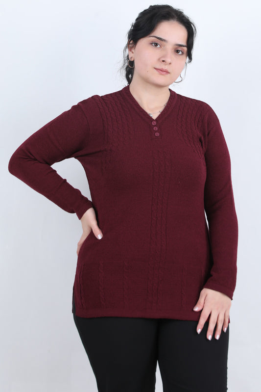 Curvyn Büyük Beden V Yaka 3 Düğmeli Bluz Bordo