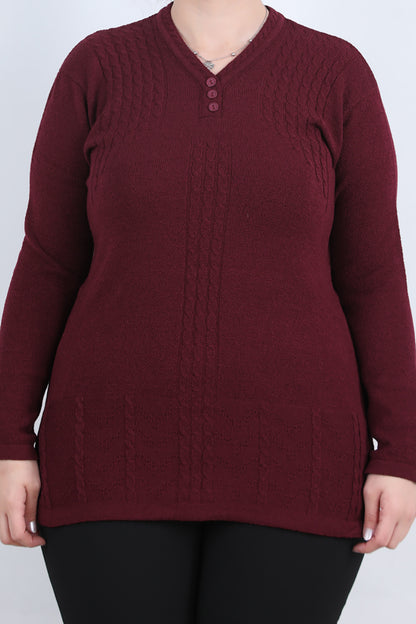 Curvyn Büyük Beden V Yaka 3 Düğmeli Bluz Bordo