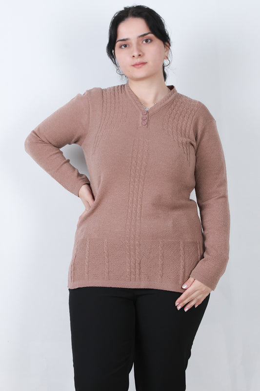 Curvyn Büyük Beden V Yaka 3 Düğmeli Bluz Gül Kurusu