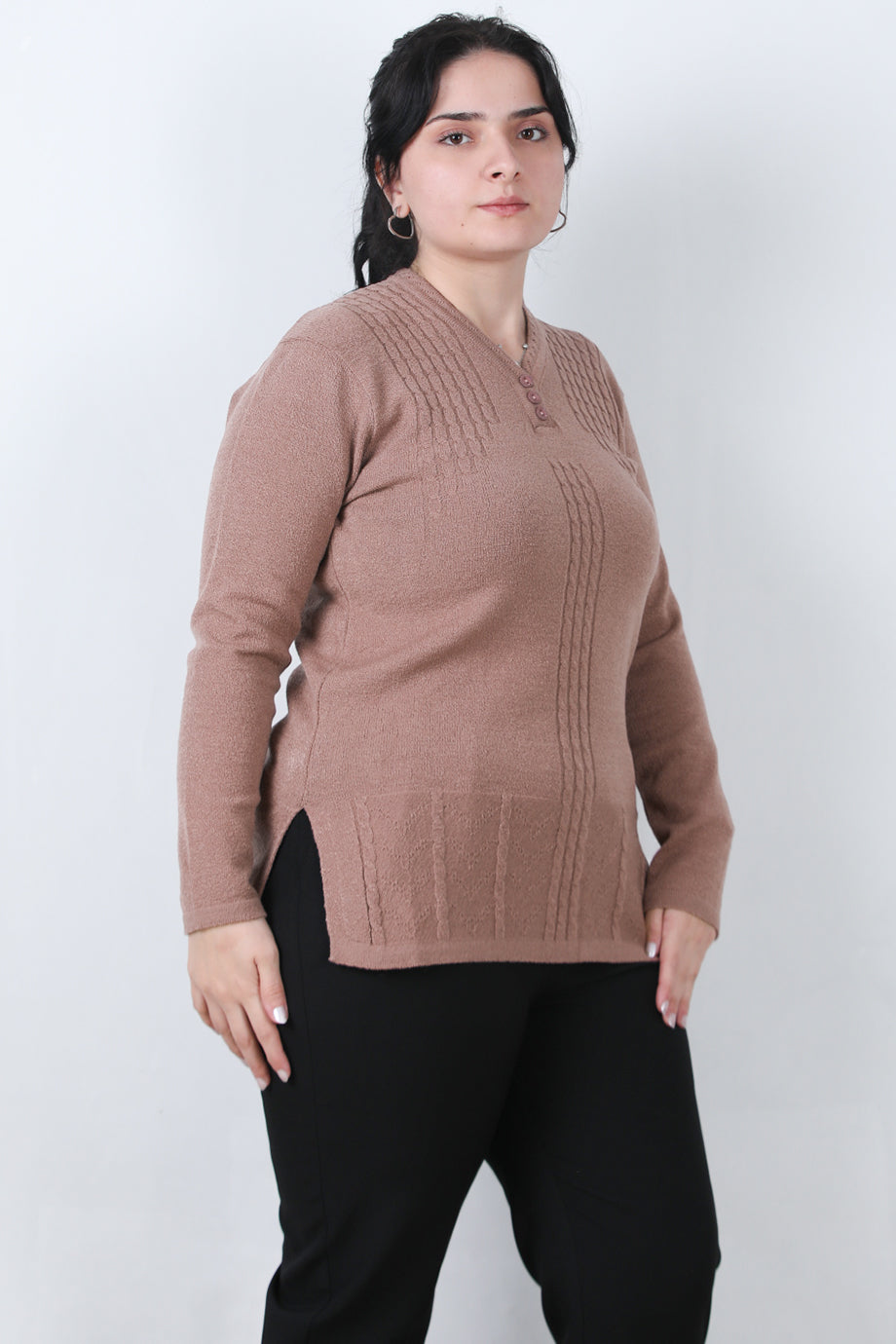 Curvyn Büyük Beden V Yaka 3 Düğmeli Bluz Gül Kurusu