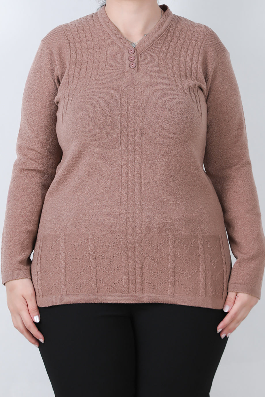 Curvyn Büyük Beden V Yaka 3 Düğmeli Bluz Gül Kurusu