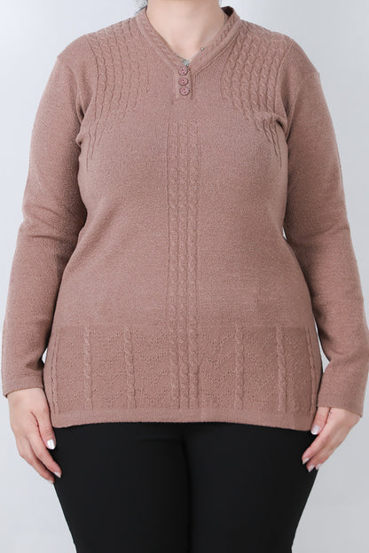 Curvyn Büyük Beden V Yaka 3 Düğmeli Bluz Gül Kurusu