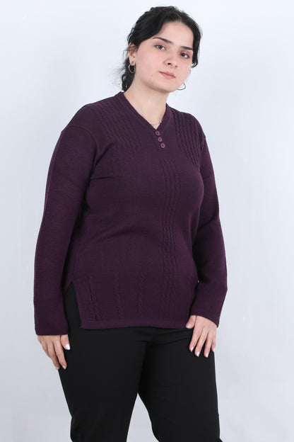 Curvyn Büyük Beden V Yaka 3 Düğmeli Bluz Mor