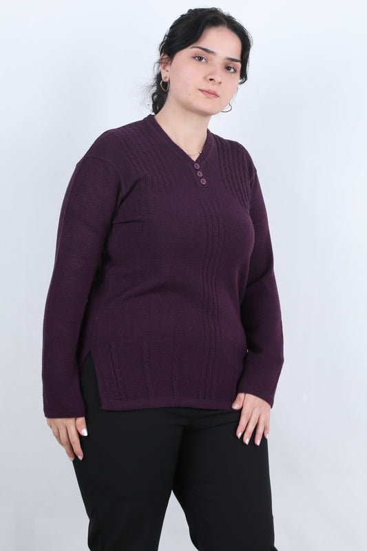 Curvyn Büyük Beden V Yaka 3 Düğmeli Bluz Mor