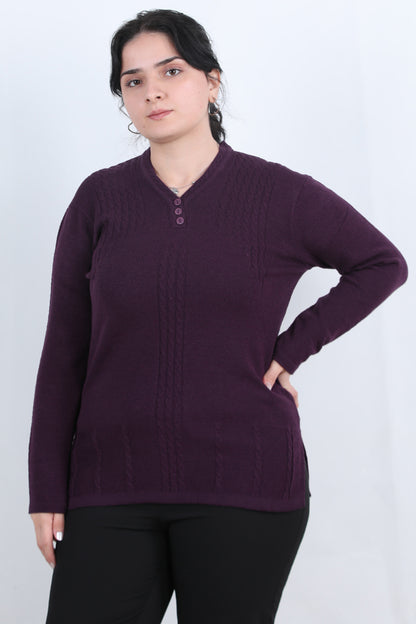 Curvyn Büyük Beden V Yaka 3 Düğmeli Bluz Mor