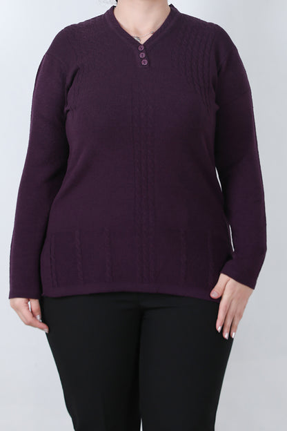 Curvyn Büyük Beden V Yaka 3 Düğmeli Bluz Mor