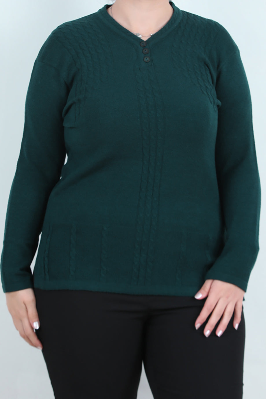 Curvyn Büyük Beden V Yaka 3 Düğmeli Bluz Petrol