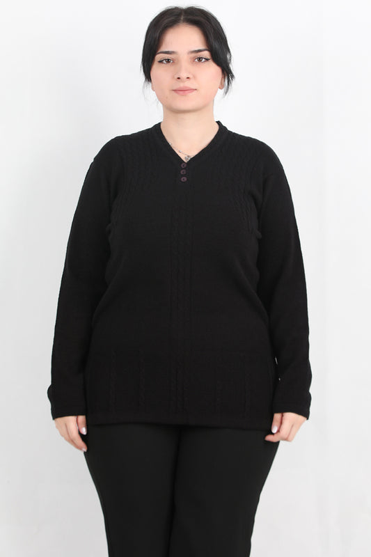 Curvyn Büyük Beden V Yaka 3 Düğmeli Bluz Siyah