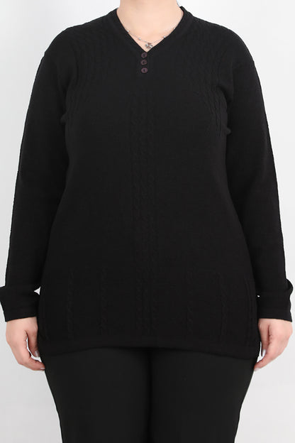 Curvyn Büyük Beden V Yaka 3 Düğmeli Bluz Siyah