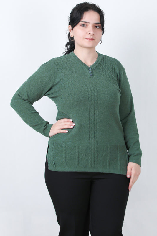 Curvyn Büyük Beden V Yaka 3 Düğmeli Bluz Yeşil