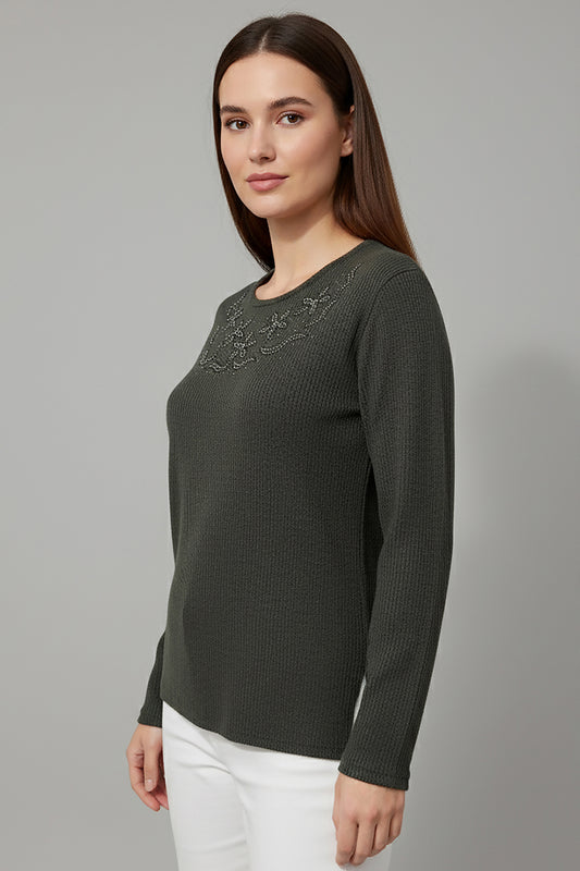 Büyük Beden Çiçek Taş İşlemeli Bluz Haki