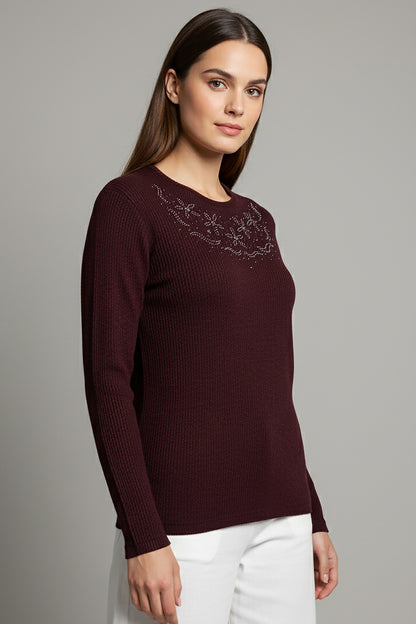 Büyük Beden Çiçek Taş İşlemeli Bluz Mürdüm