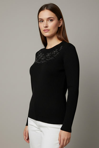 Büyük Beden Çiçek Taş İşlemeli Bluz Siyah