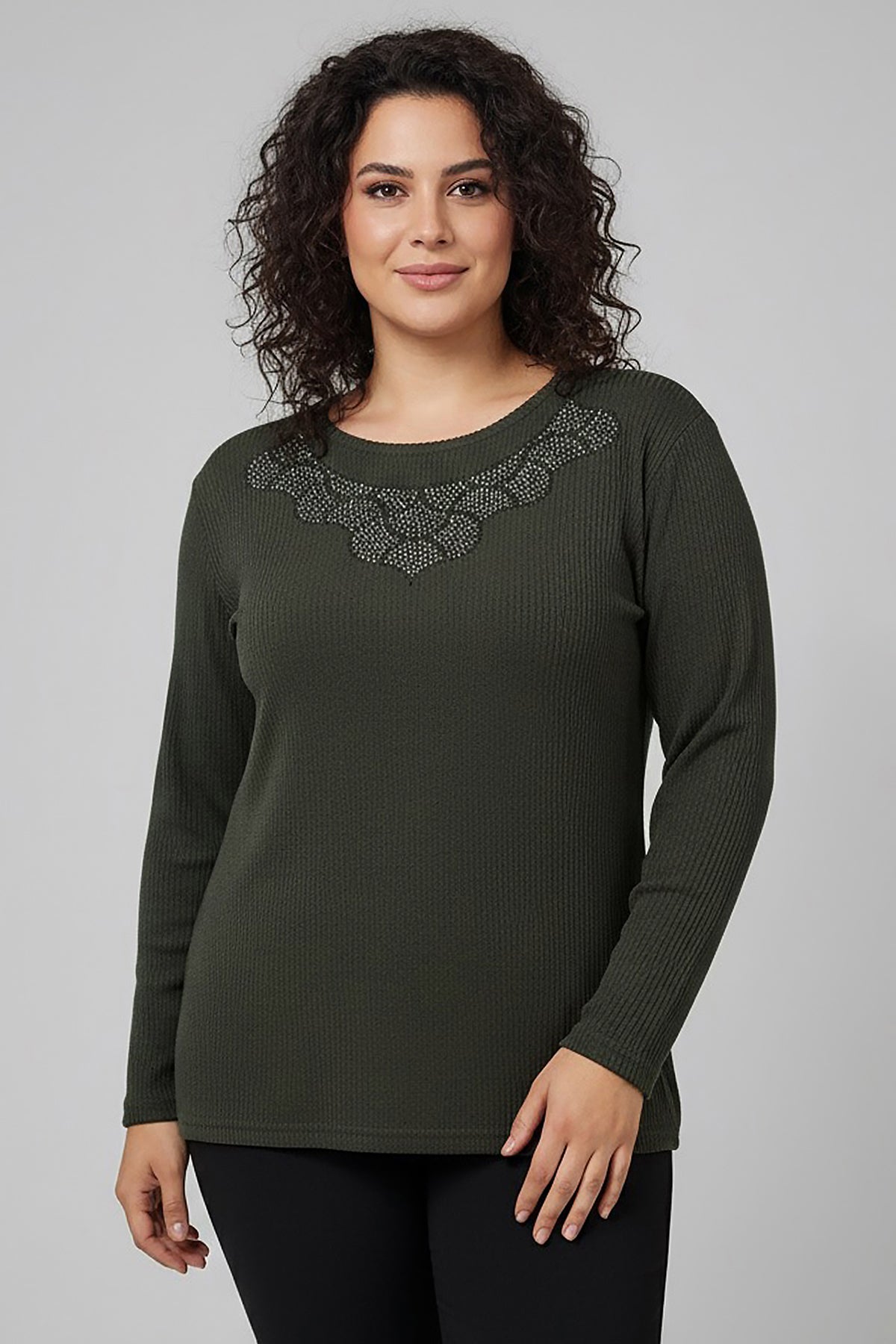 Büyük Beden Taş İşlemeli Bluz Haki