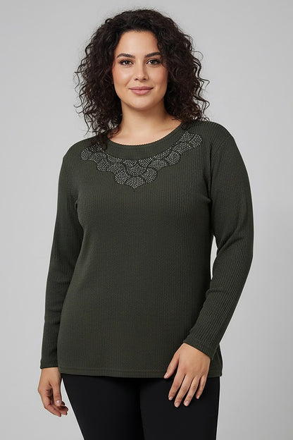 Büyük Beden Taş İşlemeli Bluz Haki