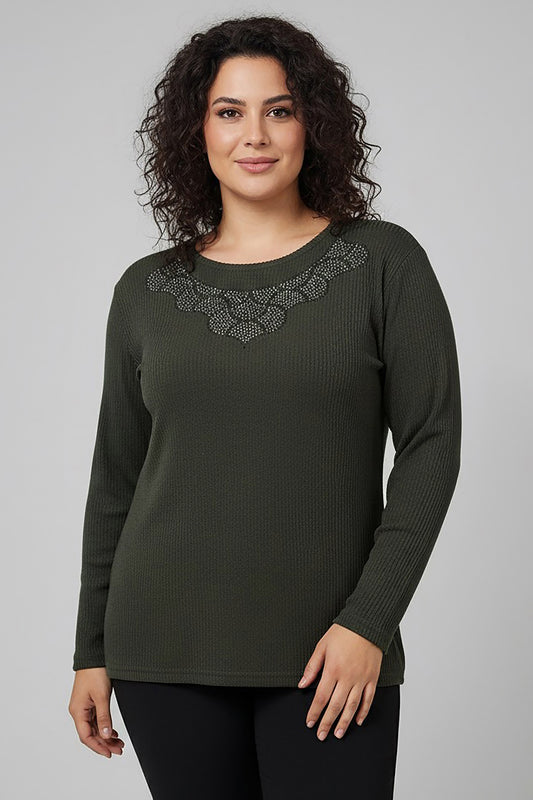 Büyük Beden Taş İşlemeli Bluz Haki