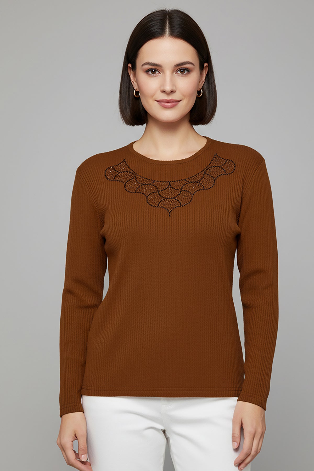 Büyük Beden Taş İşlemeli Bluz Kahverengi