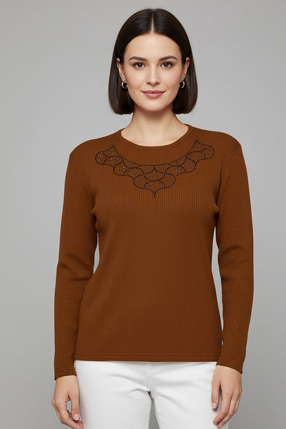 Büyük Beden Taş İşlemeli Bluz Kahverengi