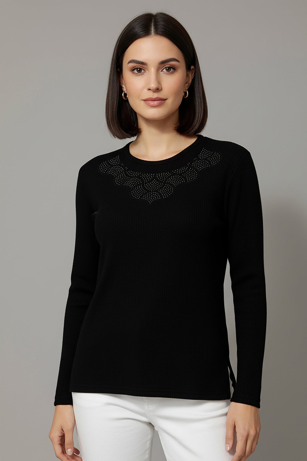 Büyük Beden Taş İşlemeli Bluz Siyah