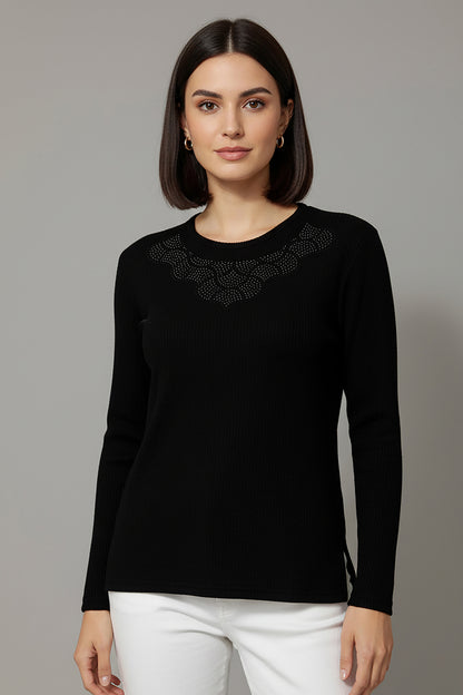 Büyük Beden Taş İşlemeli Bluz Siyah