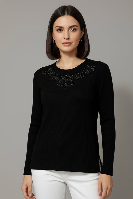 Büyük Beden Taş İşlemeli Bluz Siyah