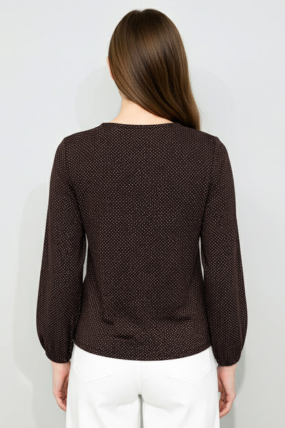 Büyük Beden Puantiyeli Kol Lastikli Bluz Kahverengi