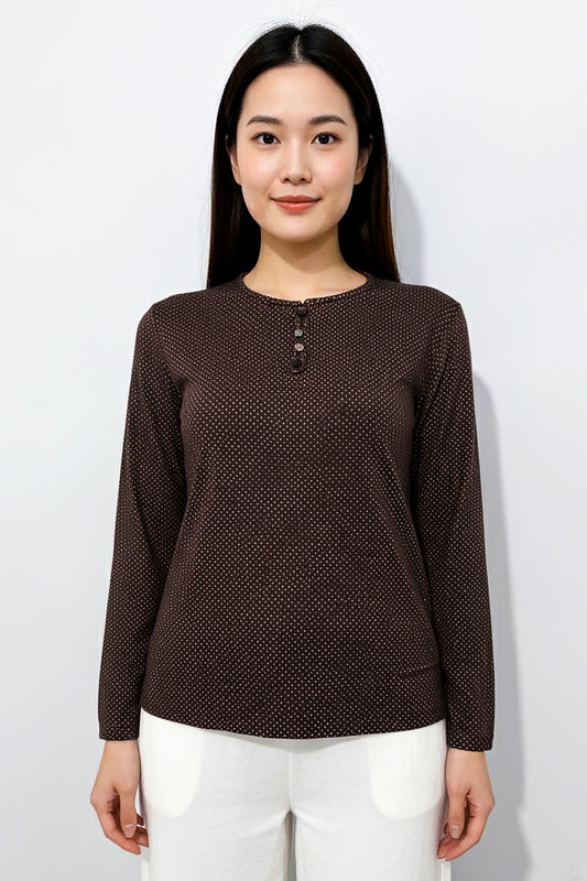 Büyük Beden Puantiyeli Kol Lastikli Bluz Kahverengi