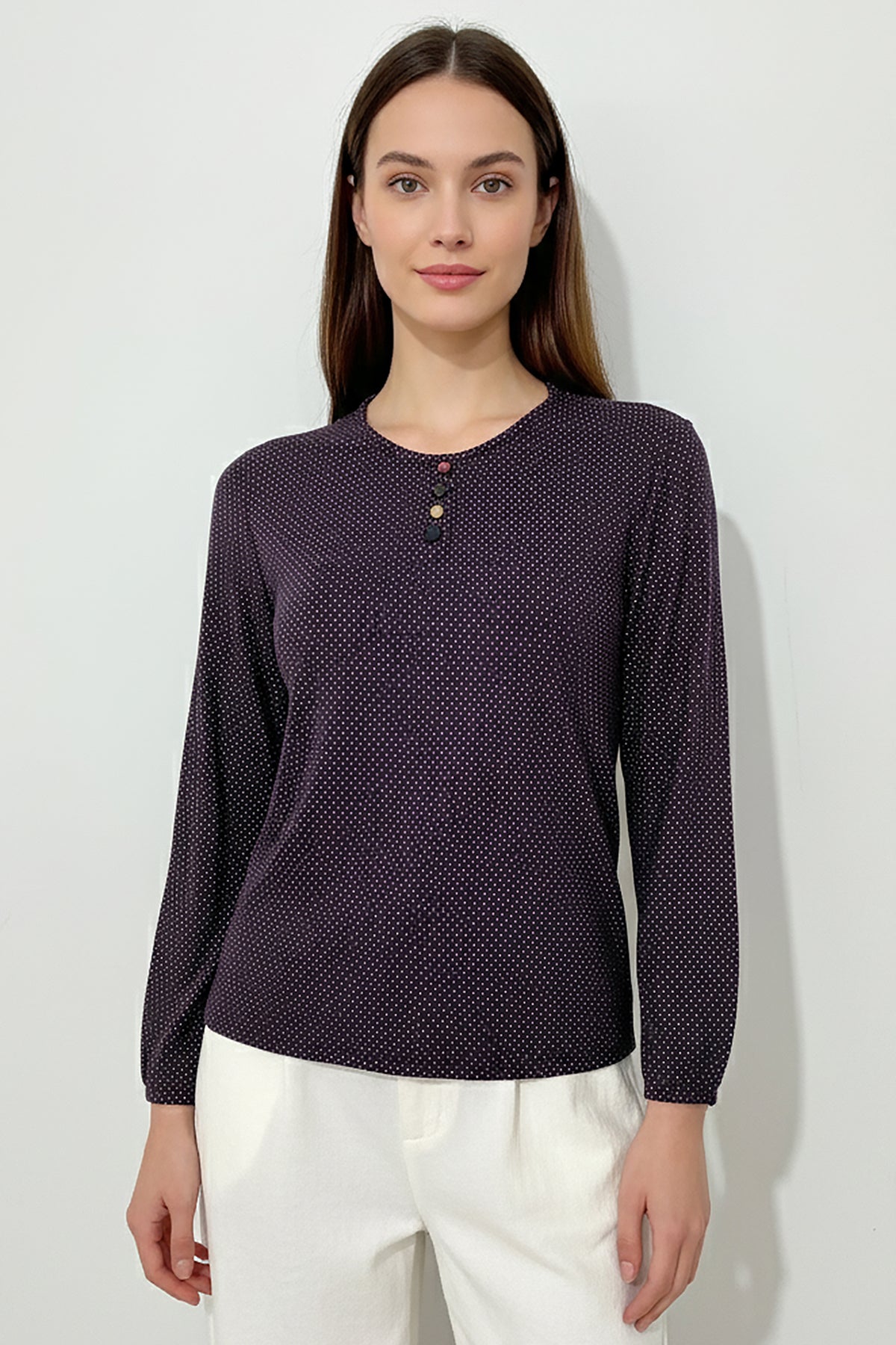 Büyük Beden Puantiyeli Kol Lastikli Bluz Mor