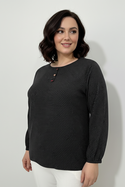 Büyük Beden Puantiyeli Kol Lastikli Bluz Siyah