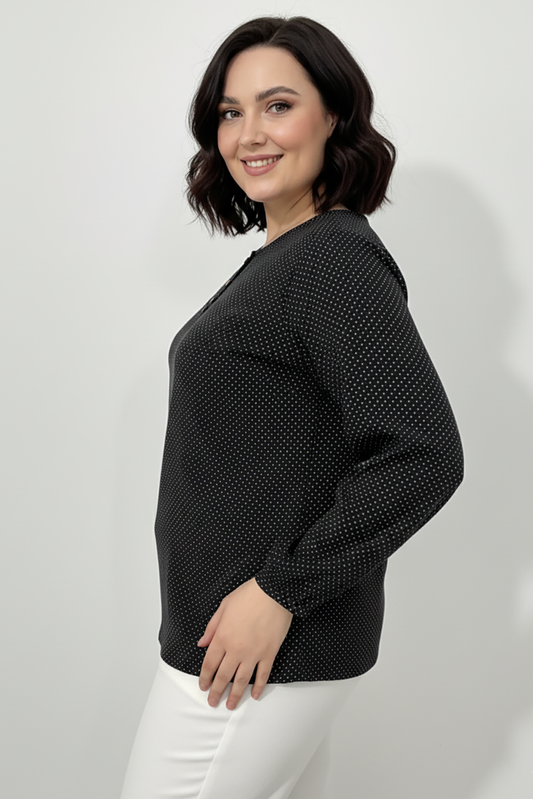 Büyük Beden Puantiyeli Kol Lastikli Bluz Siyah
