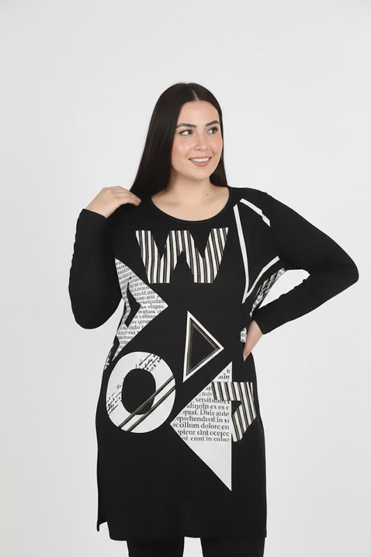 Boldy Büyük Beden Ön Baskılı Bluz Siyah