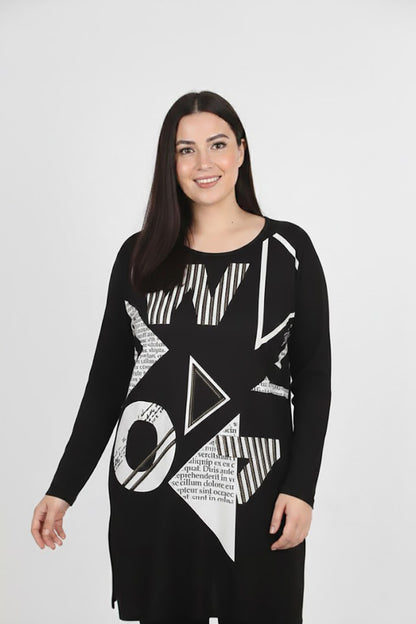 Boldy Büyük Beden Ön Baskılı Bluz Siyah