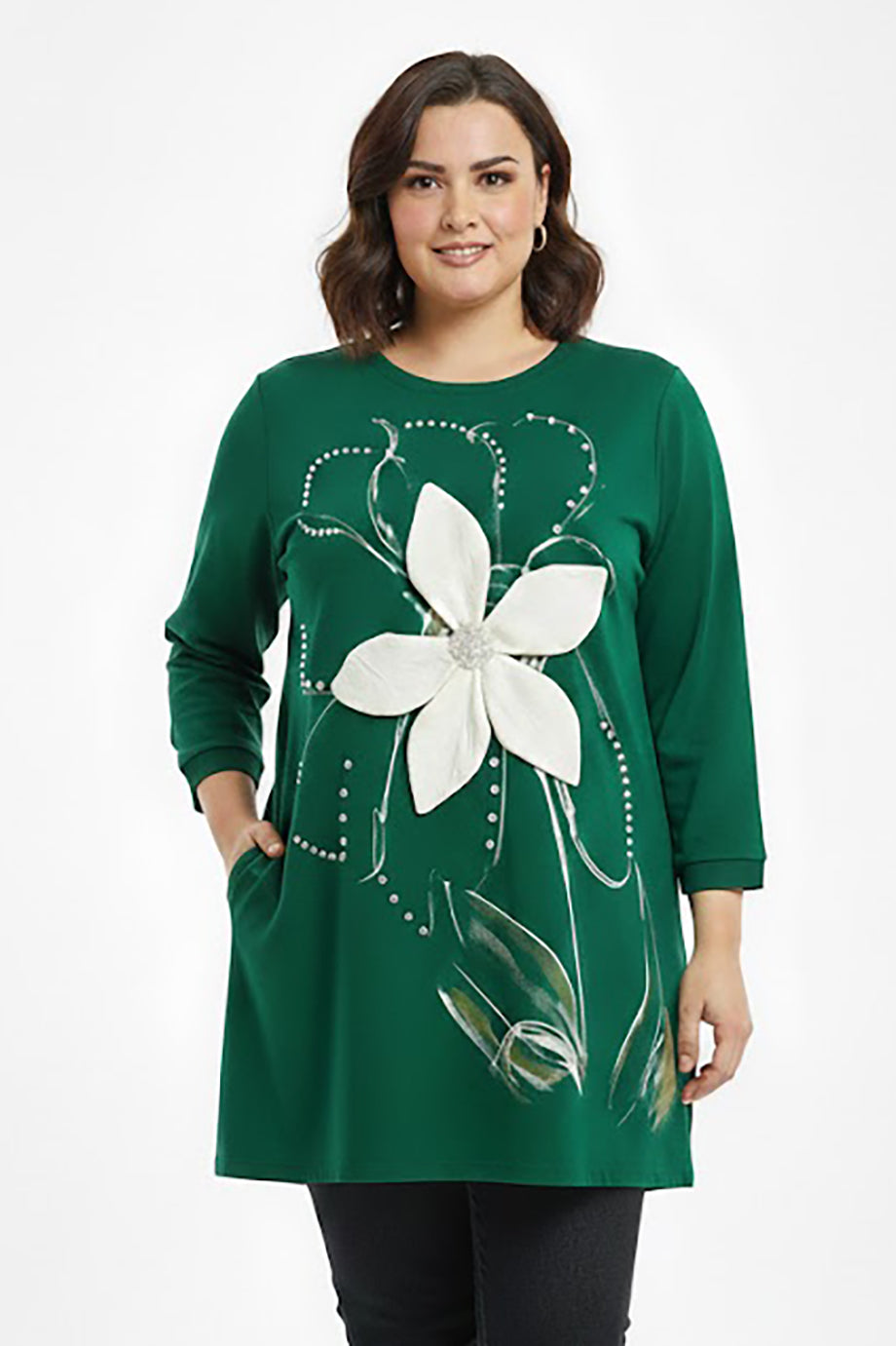 Petalia Büyük Beden Ön Çiçek Detay Bluz Yeşil