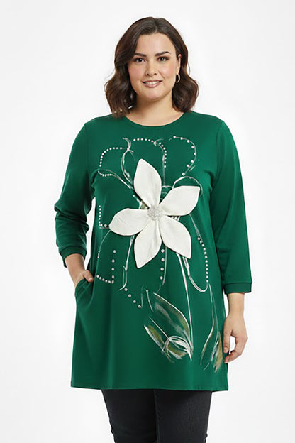 Petalia Büyük Beden Ön Çiçek Detay Bluz Yeşil