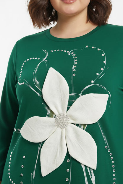 Petalia Büyük Beden Ön Çiçek Detay Bluz Yeşil