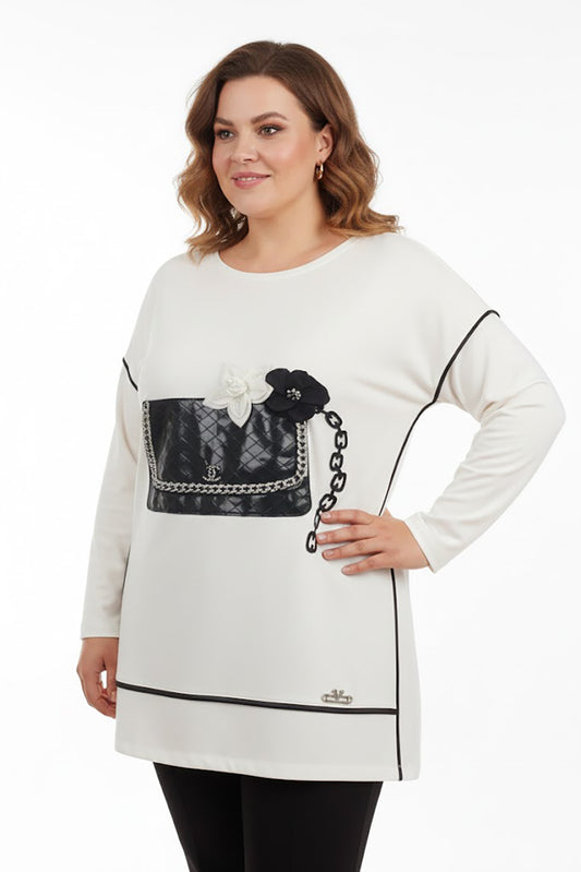 Büyük Beden Ön Zincir Detay Bluz Ekru