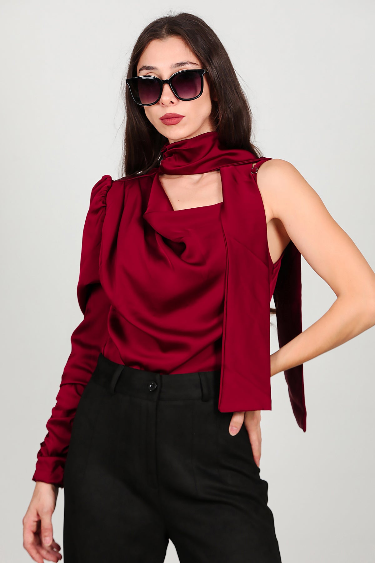 Kadın Tek Omuz Saten Bluz Bordo