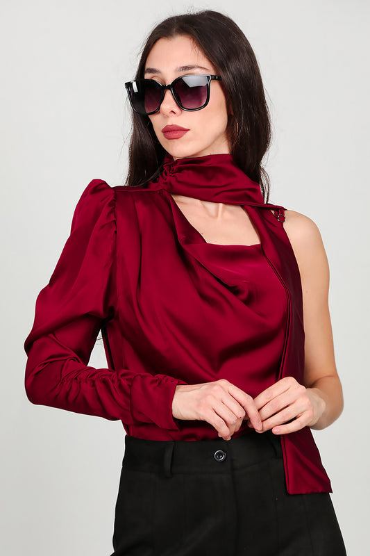 Kadın Tek Omuz Saten Bluz Bordo