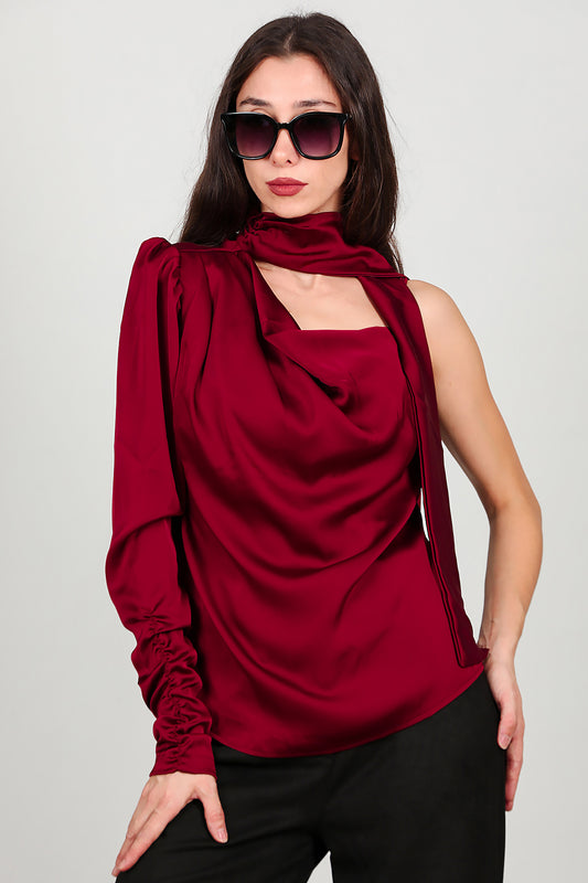 Kadın Tek Omuz Saten Bluz Bordo