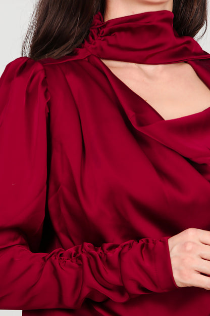 Kadın Tek Omuz Saten Bluz Bordo