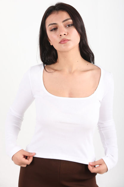 Thumbtop Kadın Parmak Geçmeli Kare Yaka Bluz Beyaz