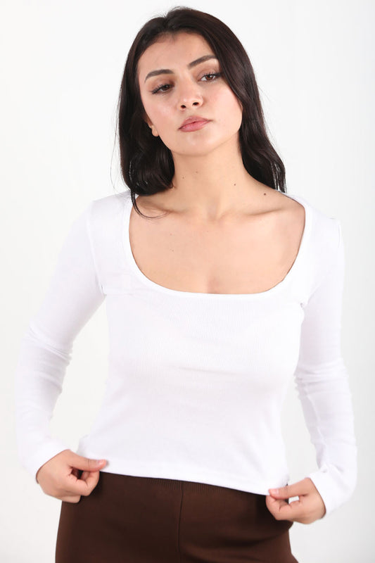 Thumbtop Kadın Parmak Geçmeli Kare Yaka Bluz Beyaz