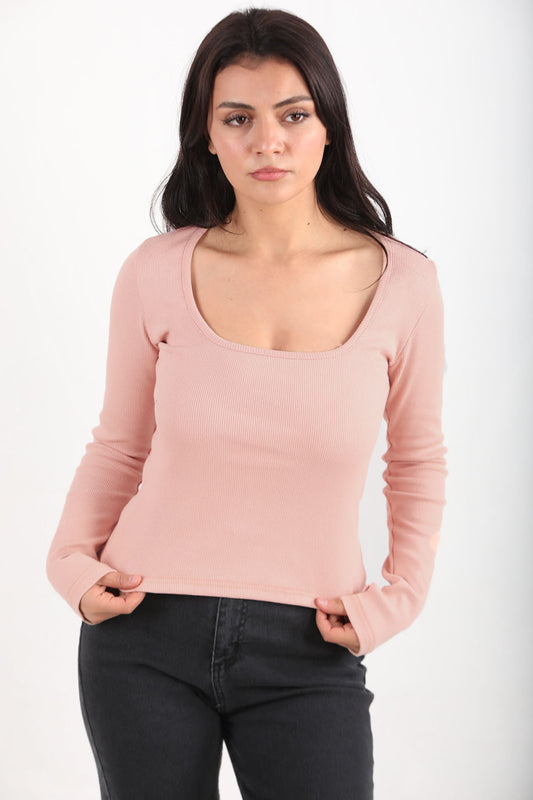 Thumbtop  Kadın Parmak Geçmeli Kare Yaka Bluz Pudra