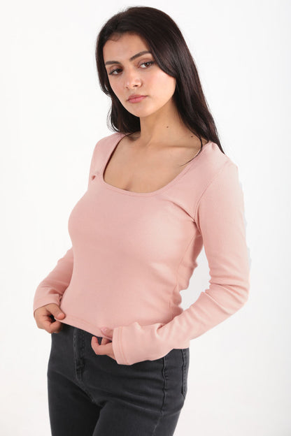 Thumbtop  Kadın Parmak Geçmeli Kare Yaka Bluz Pudra