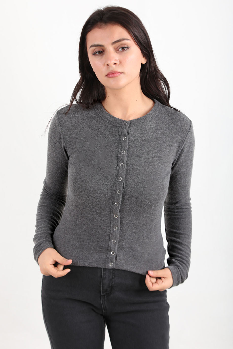 Kadın Önü Çıtçıtlı Bluz Antrasit