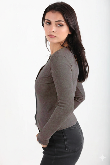 Pressline Kadın Önü Çıtçıtlı Bluz Kahverengi