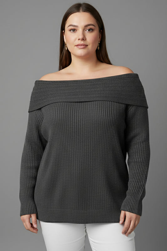 Büyük Beden Madonna Yaka Triko Bluz Antrasit